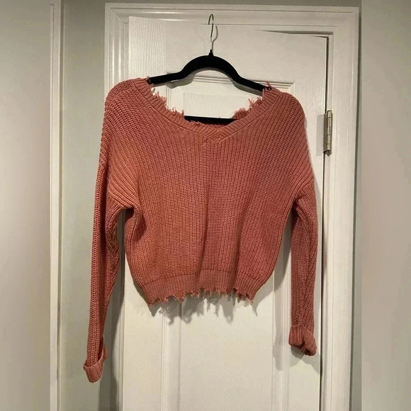 Jessica Simpson Blush Pink Distressed Cropped Knit V Neck Ribbed Sweater Size XS - Picture 6 of 11